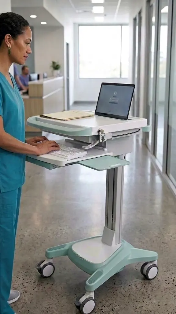 Height Adjustable Laptop Cart in New Zealand hospital.webp